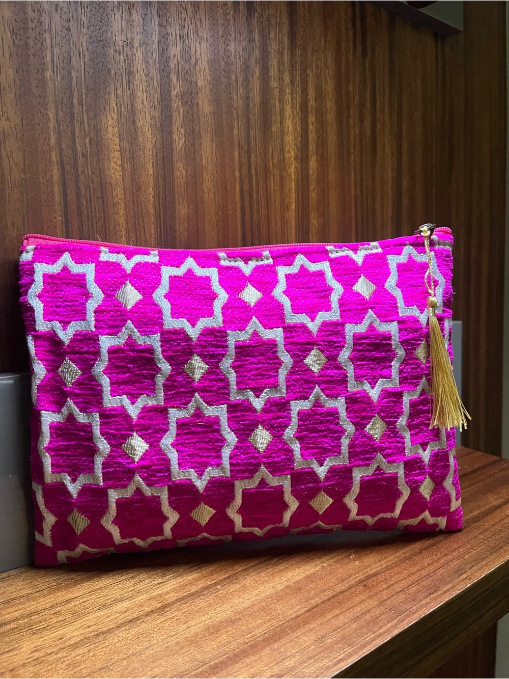 Vibrant Hot Pink Embroidered Geometric Clutch with Gold Tassel